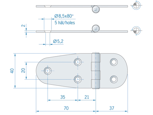 Roca staartscharnier vlak RVS 107 x 40 mm 441710 - 00309026 02 - 00309026